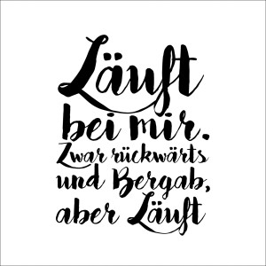 Pro Art Dekopanel mit dem Spruch "Läuft bei mir. Zwar rückwärts und Bergab, aber Läuft".