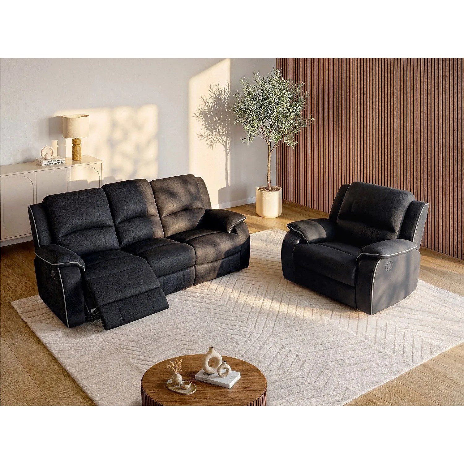 Vente-unique Couchgarnitur Mit Sessel Hernani Schwarz 210 cm  100 cm