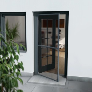 Anthrazitfarbener Insektenschutzrahmen für Türen, Teleskop-Montage, 100x210 cm.