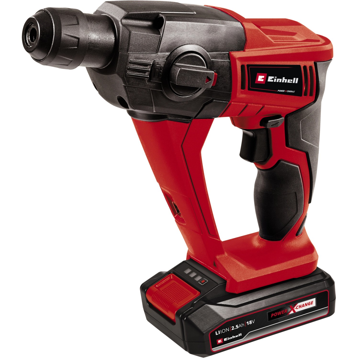 Einhell Akku-Bohrhammer TE-HD 18 Li mit 2,5 Ah Akku, rot/schwarz, für Bohr- und Schlagbohrarbeiten.