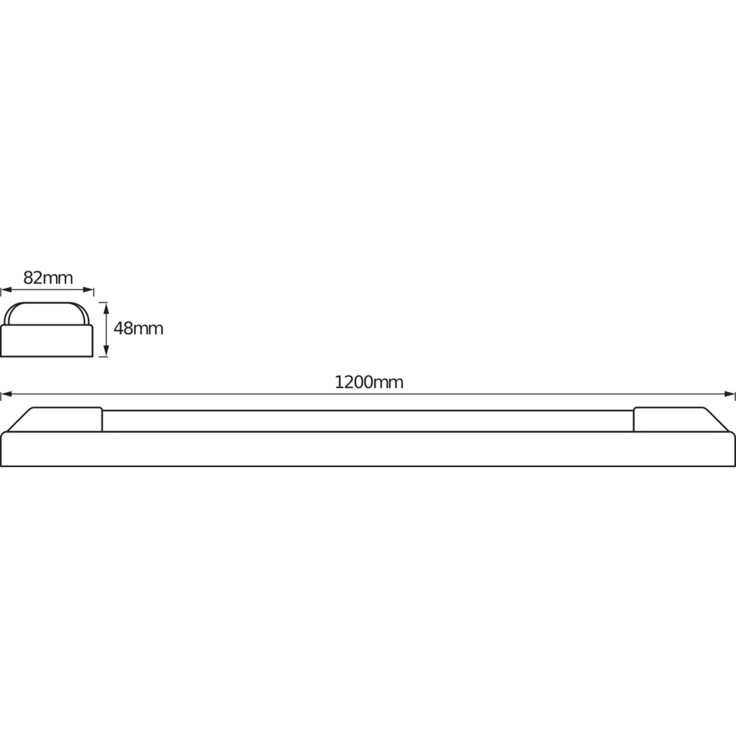 Technische Zeichnung: Osram LED-Lichtleiste Power Batten, Maße 120x8,2x4,8 cm, weiße LED-Leuchte.