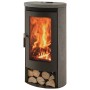 Panadero Ecodesign Kaminofen, Stahl schwarz-metallic, 8 kW, mit Holzscheiten im unteren Fach.
