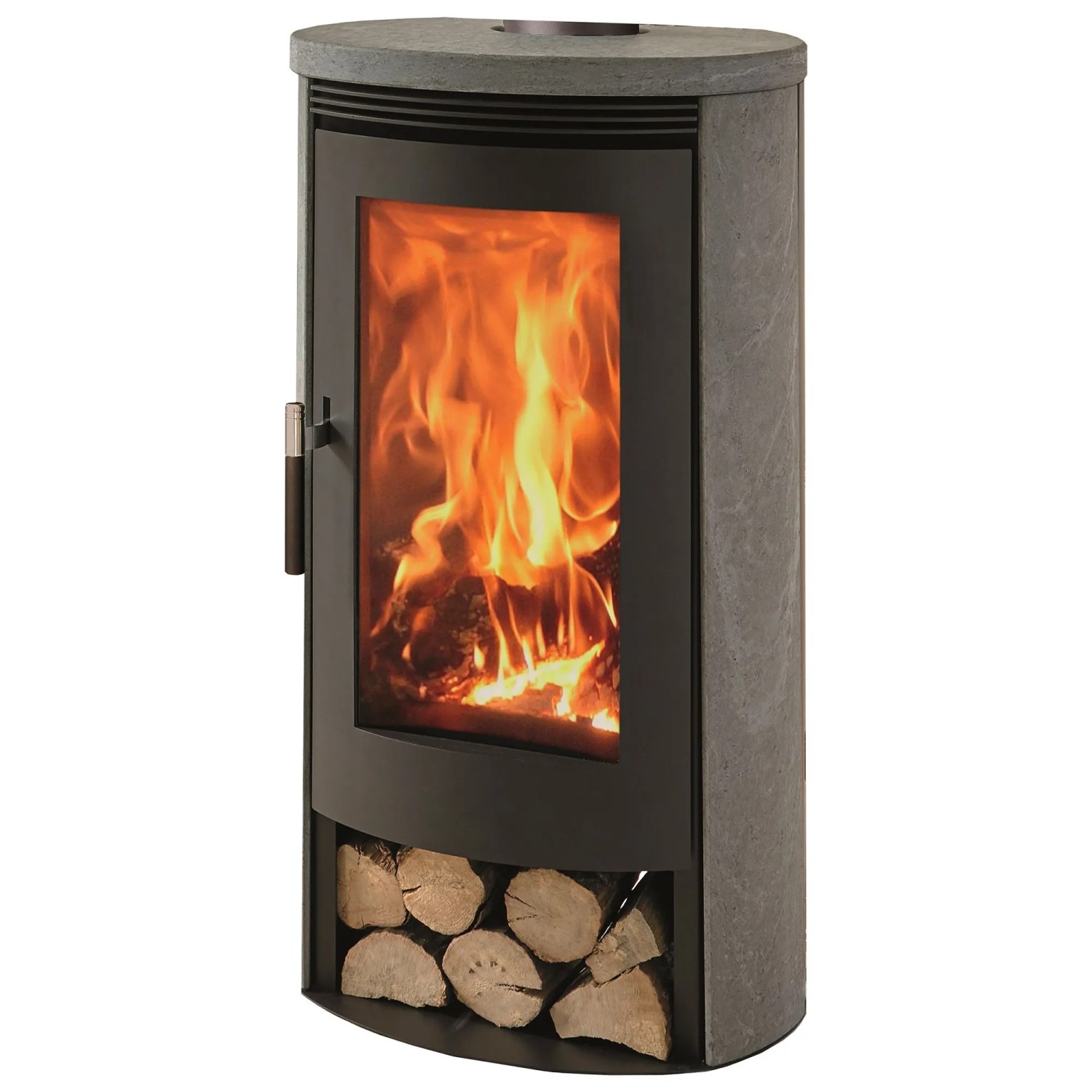 Panadero Ecodesign Kaminofen, Stahl schwarz-metallic, 8 kW, mit Holzscheiten im unteren Fach.