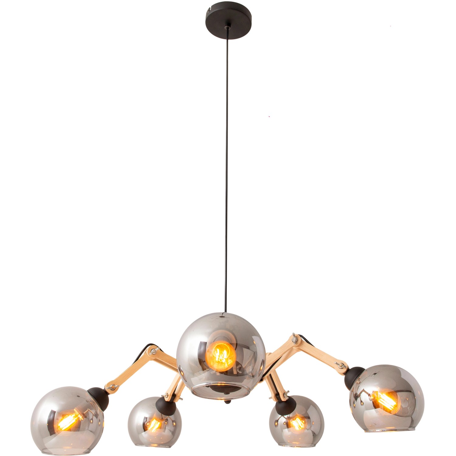 Schwarze 5-flammige Glas-Pendelleuchte Soito von Näve mit getönten Glasschirmen und Holzdetails.