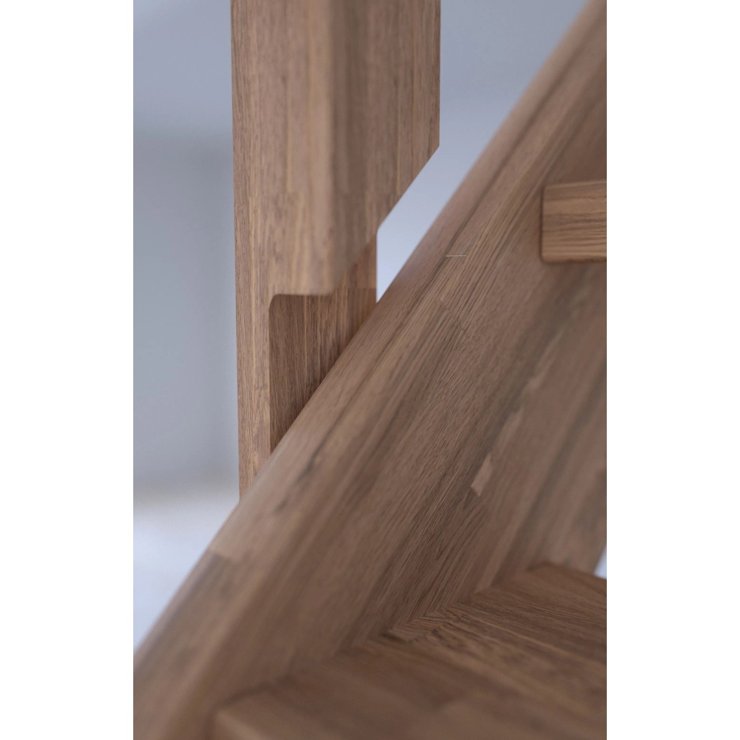 Detailansicht: Gerade Treppe Mykonos Pro Eiche, unbehandeltes Holz, offene Stufen.