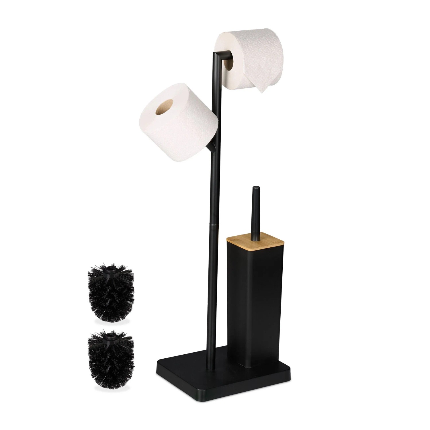 Relaxdays Toilettengarnitur Bambus Edelstahl Schwarz Freistehend 71 cm x 23 cm x 18 cm 2,1 kg