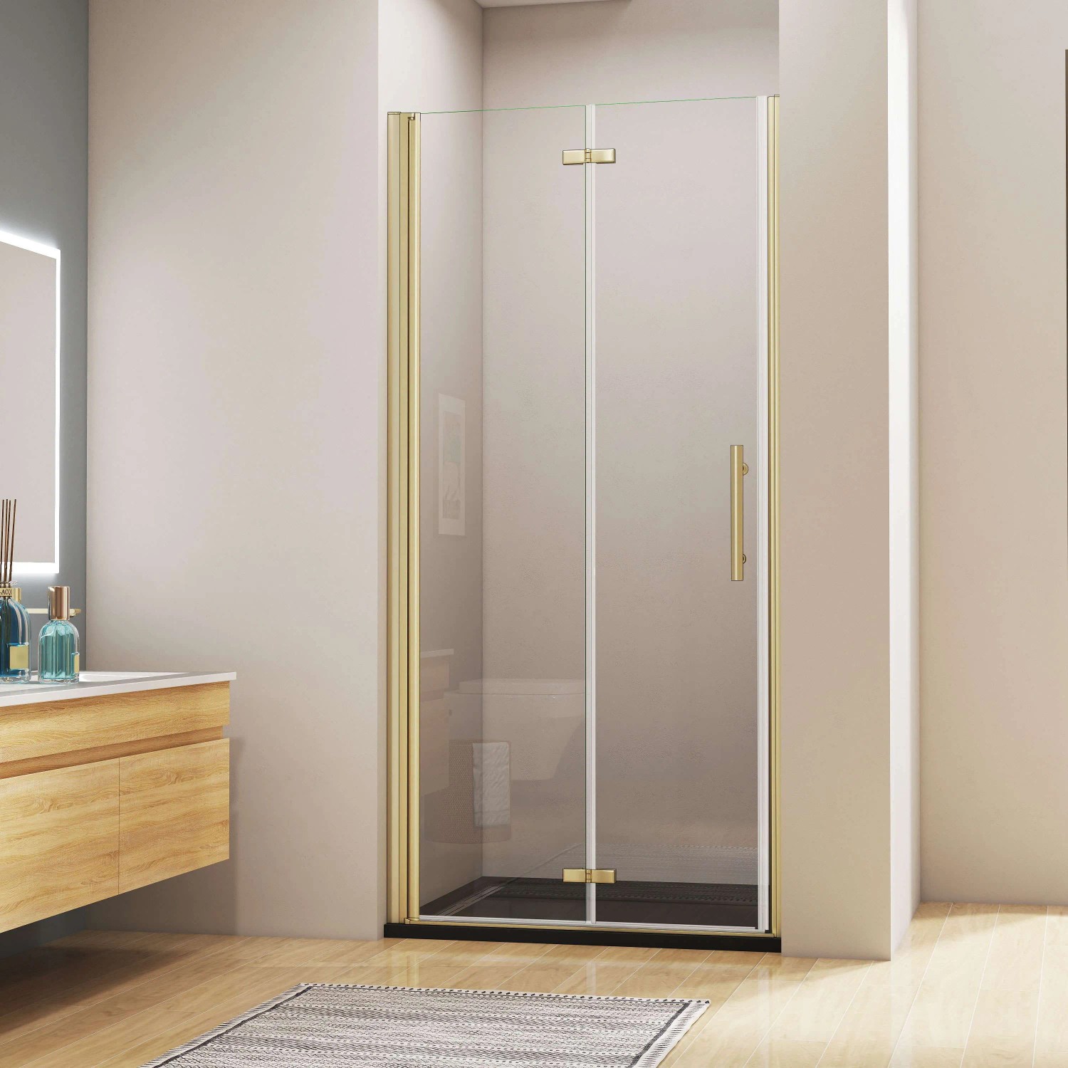 AICA Nischentür, 80cm, gold gebürstet, Falttür/Drehtür, 6mm ESG Glas für Duschkabinen.