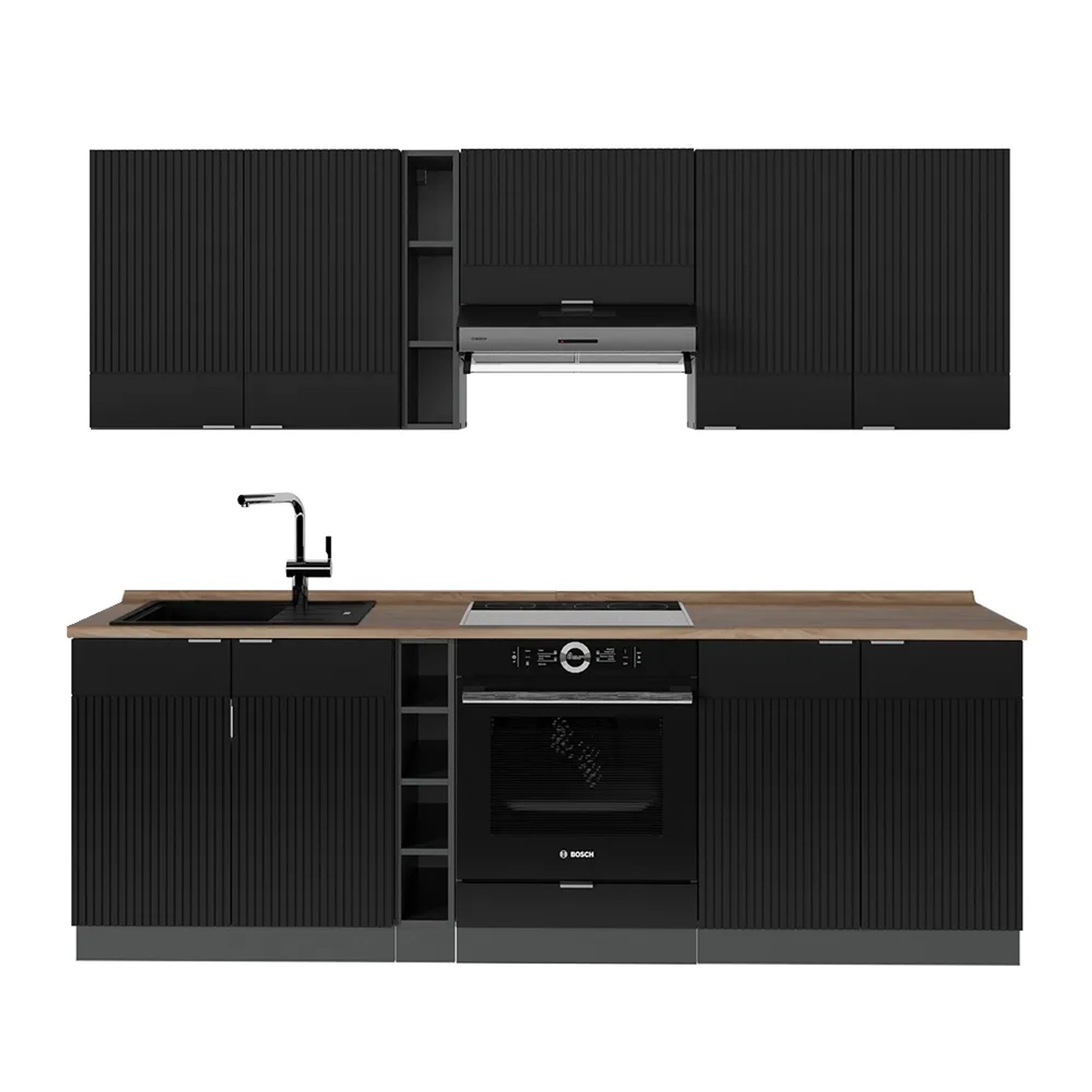 Vicco Fame-Line Küchenzeile Schwarz Gestreift/Anthrazit 235 Cm Ap Eiche Ohne E-Geräte