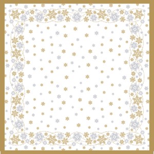Duni Mitteldecke Dunicel Snow Glitter, 84x84 cm, weiß mit goldenen und silbernen Schneeflocken.