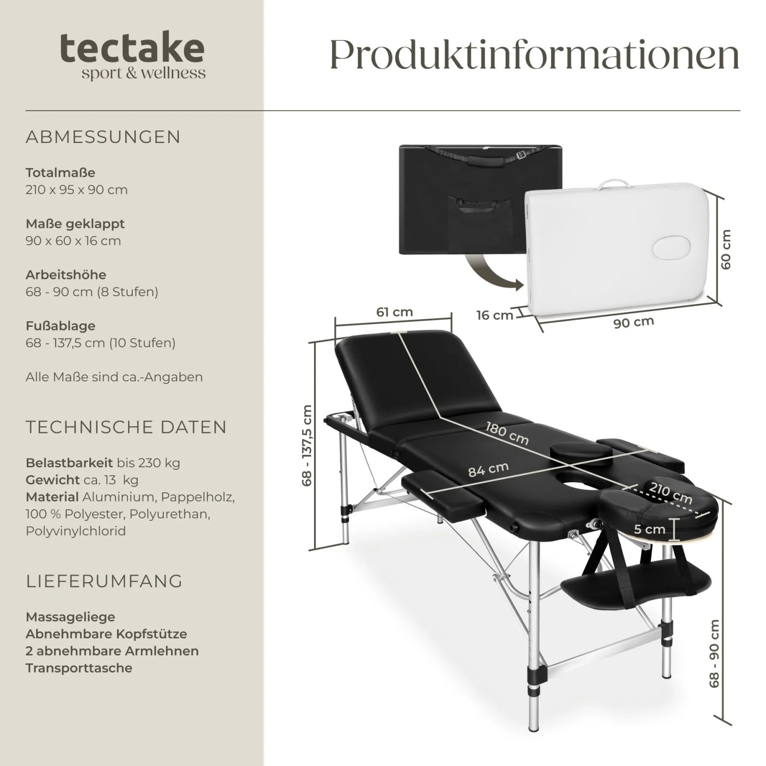 Schwarze Tectake 3 Zonen Massageliege mit Zubehör und Tragetasche.