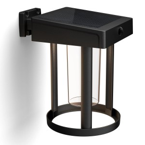 Schwarze Philips Solar-Wandleuchte Camill mit klarem, rundem Lampenschirm.