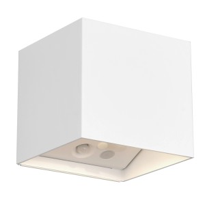 Weiße, würfelförmige Reality LED-Akkuwandleuchte Genie für den Außenbereich mit Bewegungsmelder.