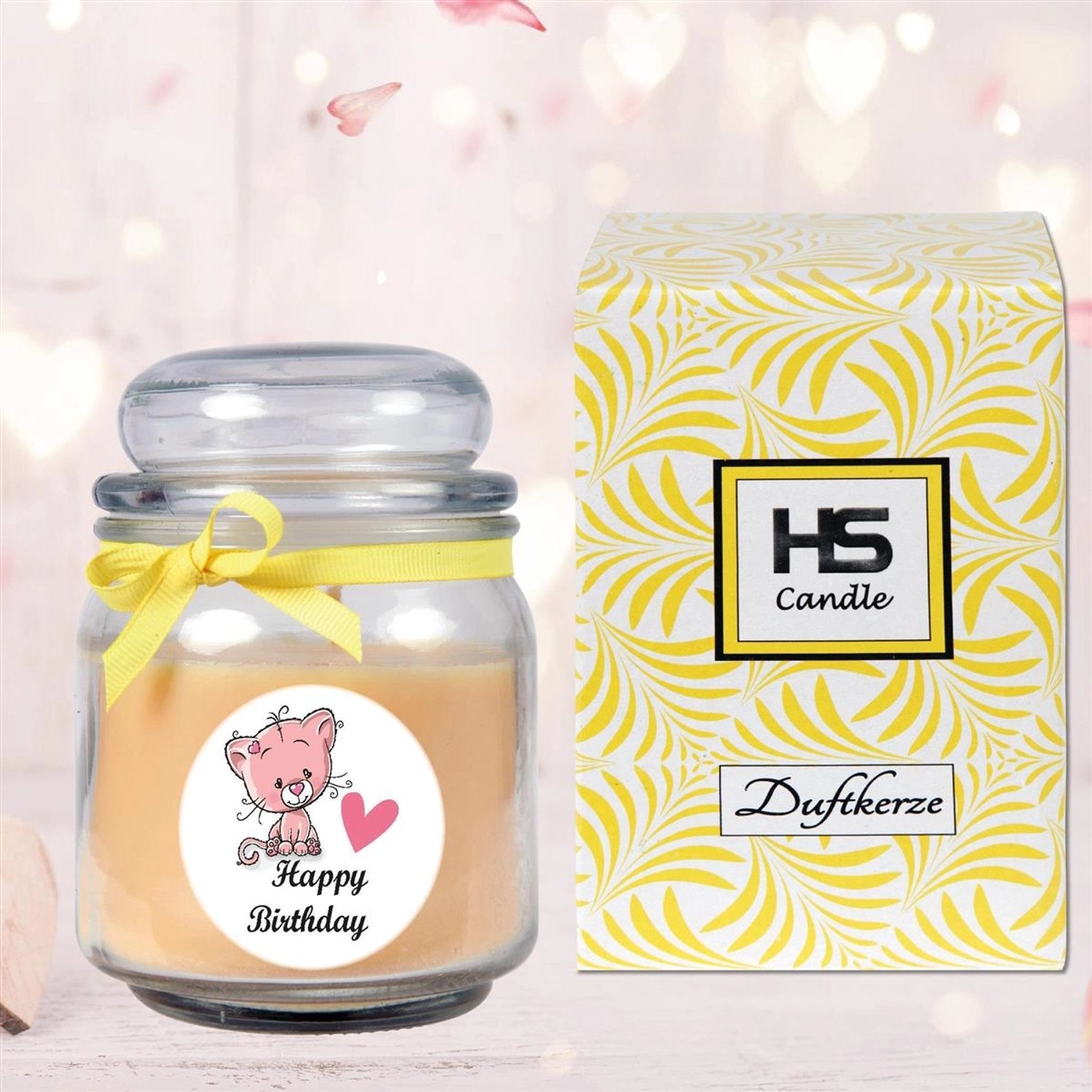 HS Candle Duftkerze Happy Birthday Vanille Katze im Glas mit Geschenkverpackung.