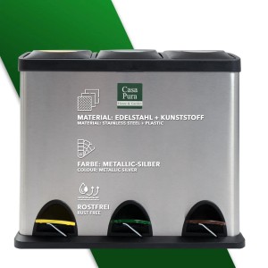 KARAT Mülleimer Brandon mit 3 Kammern für Mülltrennung, Edelstahl/Kunststoff, 24L.