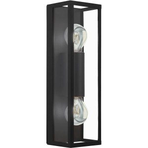 Schwarze, 2-flammige Eglo Wandleuchte Amezola mit klaren Glaseinsätzen und E27 Fassung.