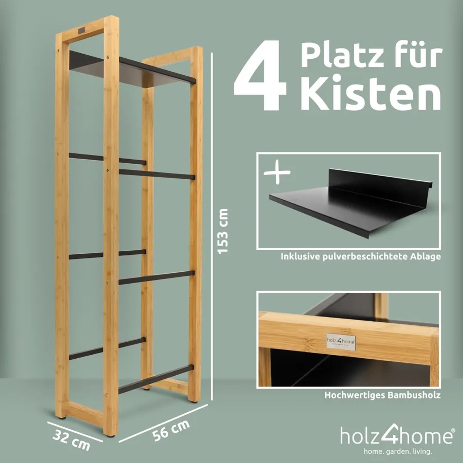 Holz4home Getränkekistenregal mit 4 Fächern, Ablage aus Edelstahl, schwarz.