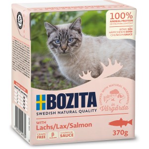 Bozita Katzen-Nassfutter mit Lachs, 370g Packung mit Katzenbild.