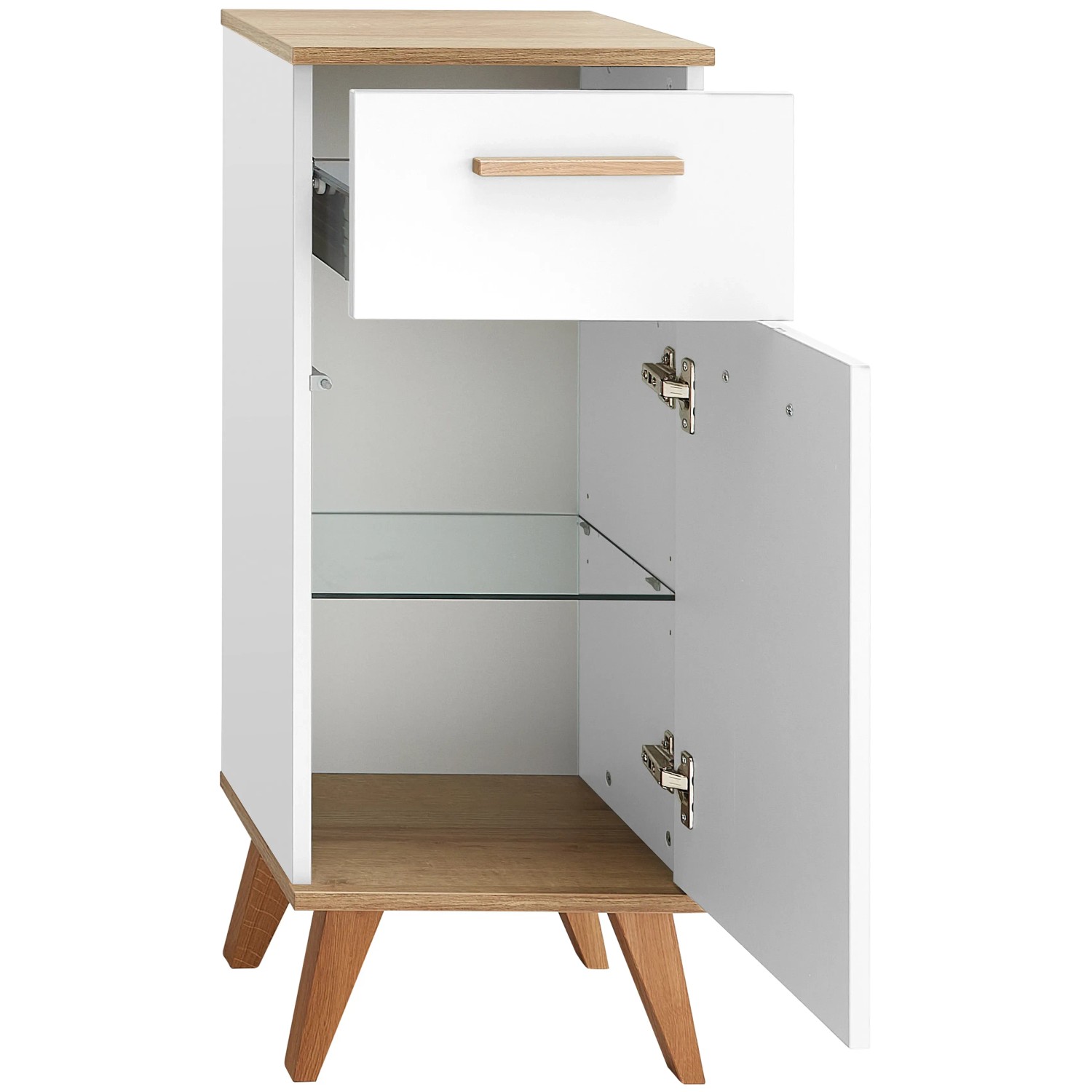 Pelipal Badmöbel-Set Quickset 923: Wandschrank in Weiß/Riviera Eiche mit Glasboden und offener Tür.