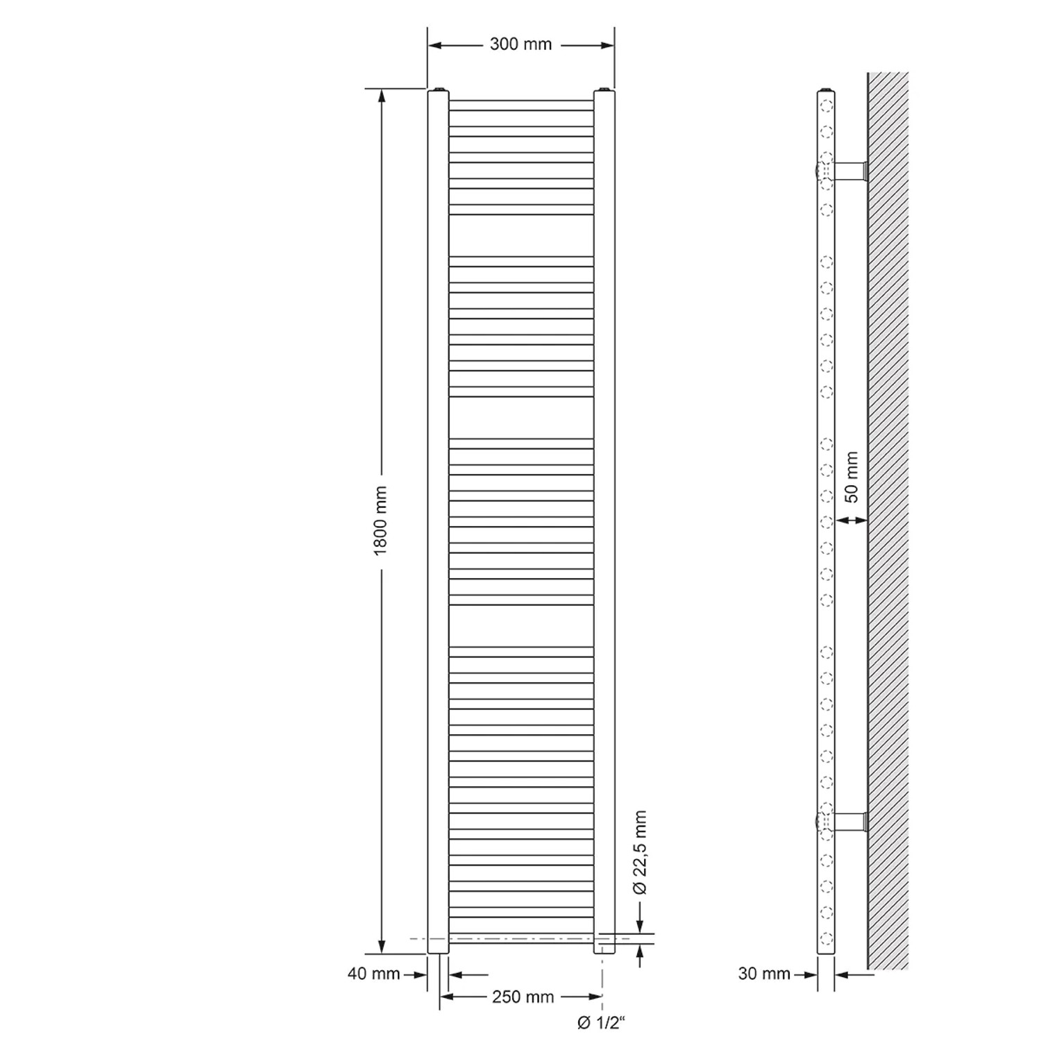 Technische Zeichnung: Weißer LuxeBath Badheizkörper, 300 x 1800 mm, mit Maßangaben.