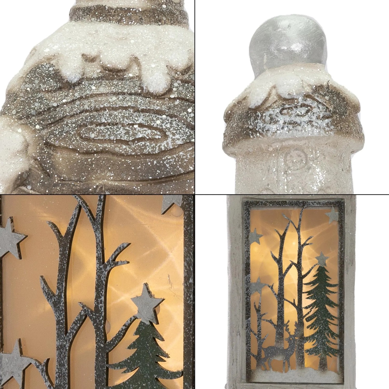 LED Weihnachtslaterne, 60cm, weiß-beige mit Waldmotiv. Stimmungsvolle Weihnachtsdekoration.