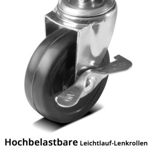 Hochbelastbare schwarze Lenkrolle mit Bremshebel für den STAHLWERK Werkstatthocker WRS 185.