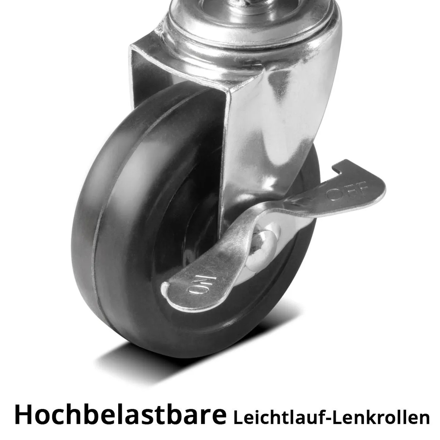 Hochbelastbare schwarze Lenkrolle mit Bremshebel für den STAHLWERK Werkstatthocker WRS 185.