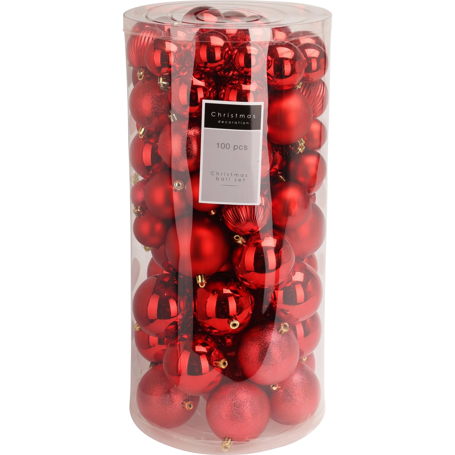 Weihnachtskugel-Set, 100 rote Kugeln aus Polystyrol in verschiedenen Größen und Designs.