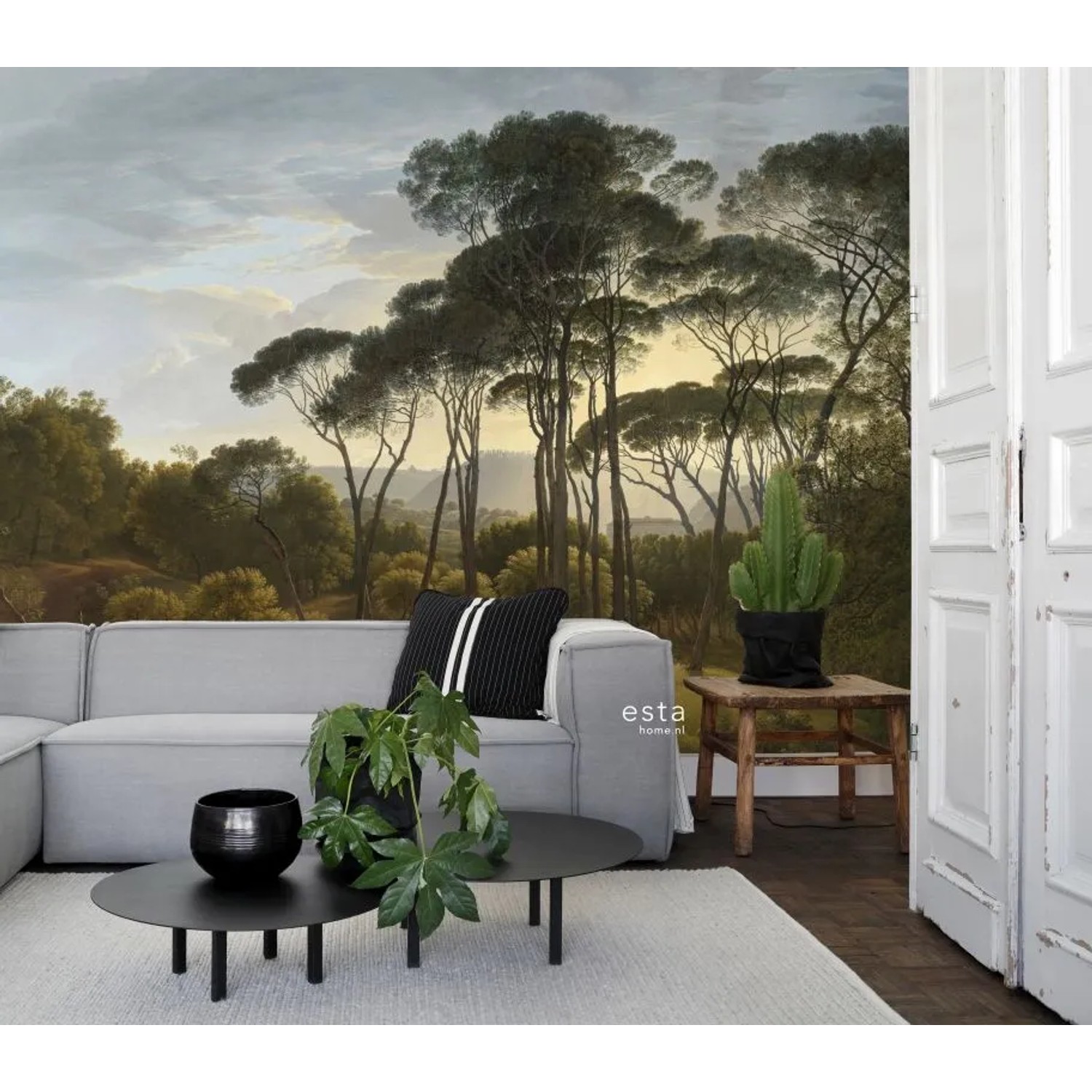 ESTAhome Fototapete Italienische Landschaft Dunkelgrün im Wohnzimmer.
