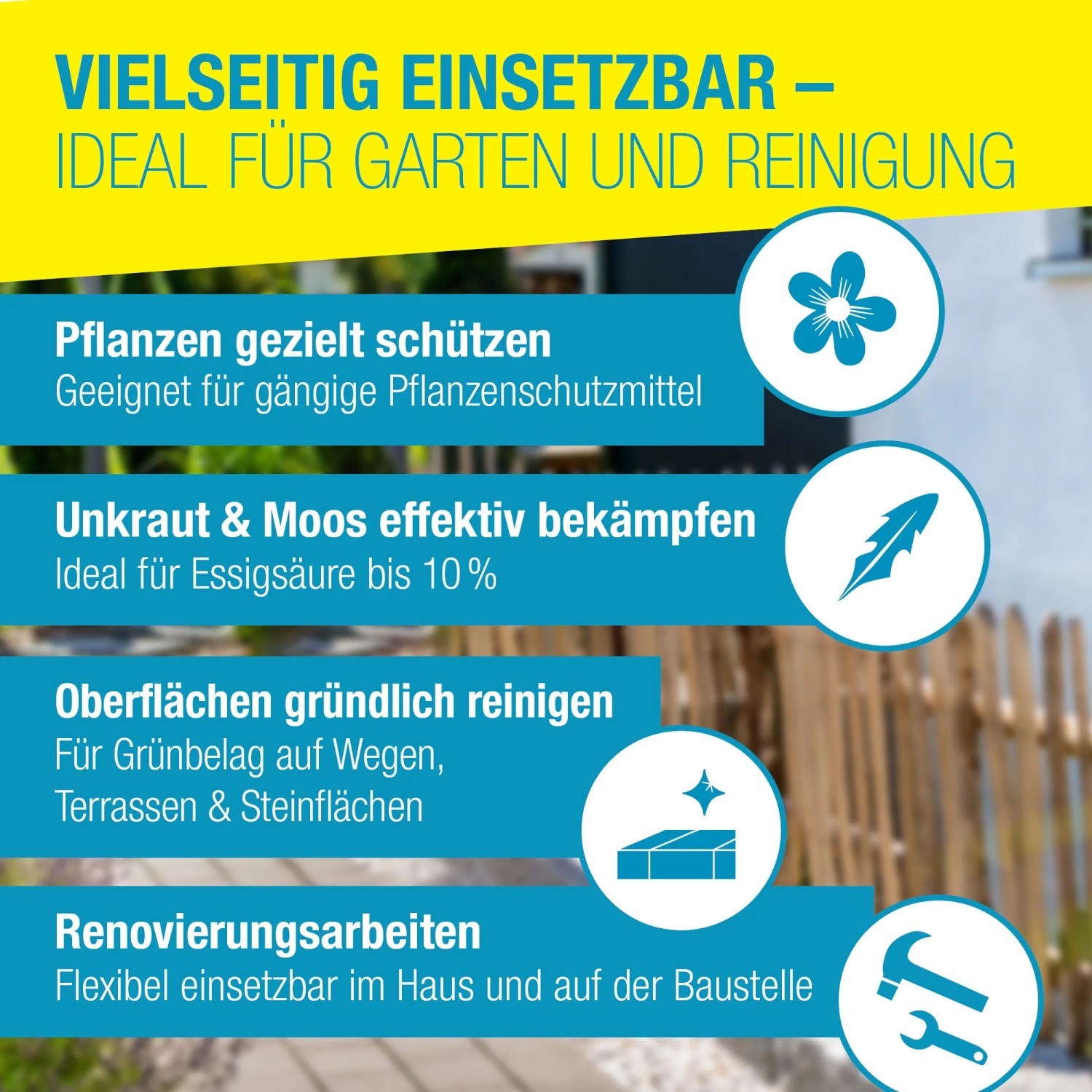 Anwendungsbereiche Gloria Prima 5 Plus Drucksprühgerät: Pflanzenschutz, Unkrautbekämpfung, Reinigung, Renovierung.
