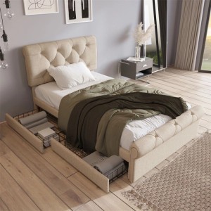 Beiges Polsterbett 90x200cm mit Chesterfield-Kopfteil, zwei Schubladen und Leinenbezug. Ideal als Einzelbett.