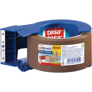 Tesa Pack Paketband Solid & Strong mit blauem Abroller, braunes Klebeband, 66m x 5cm.