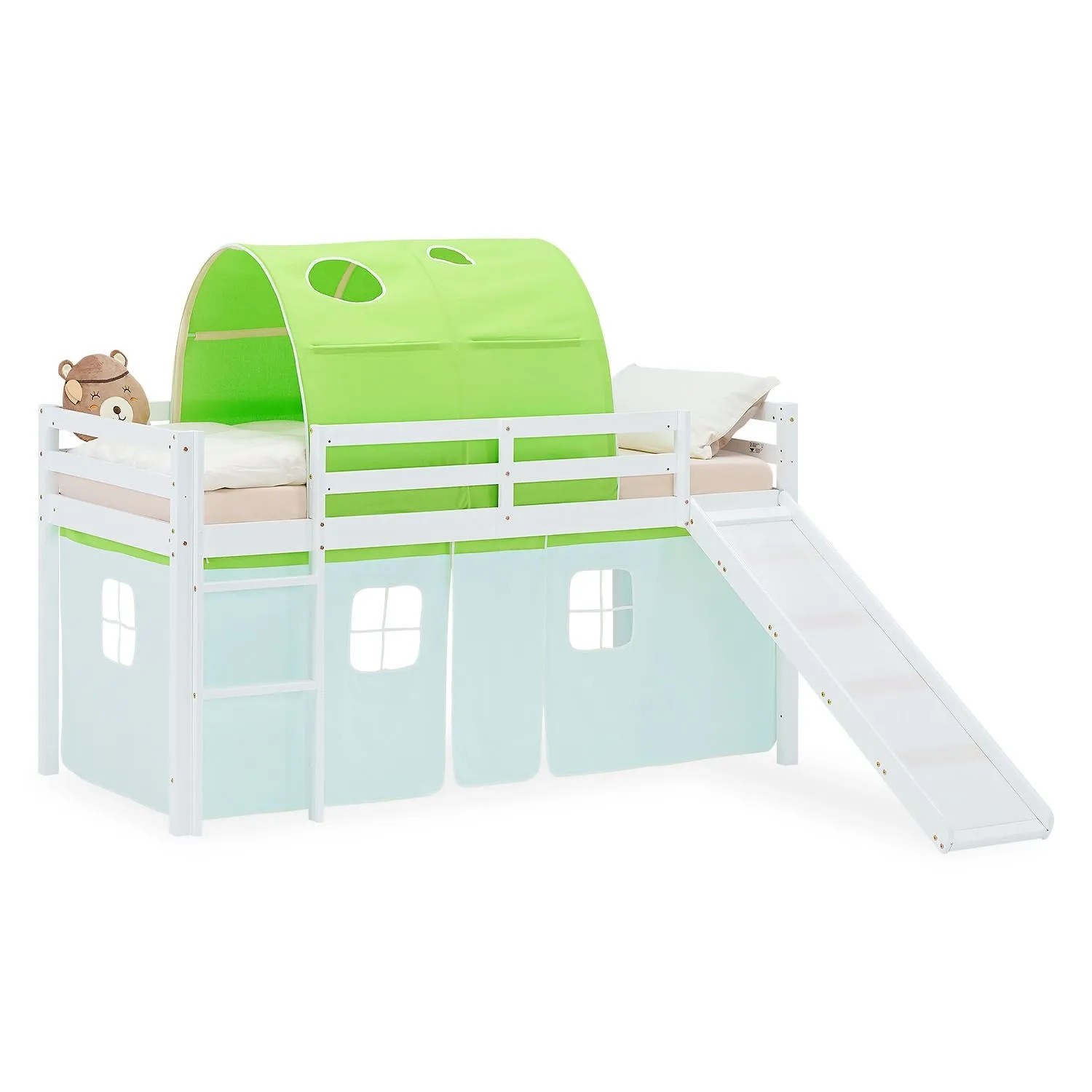 Homestyle4u Kinder Hochbett 90x200 Rutsche Vorhang Tunnel Grün Kinderbett 2970