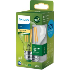 Philips LED-Lampe E27, ultraeffizient, 2,3W, Glühlampenform, klares Glas.