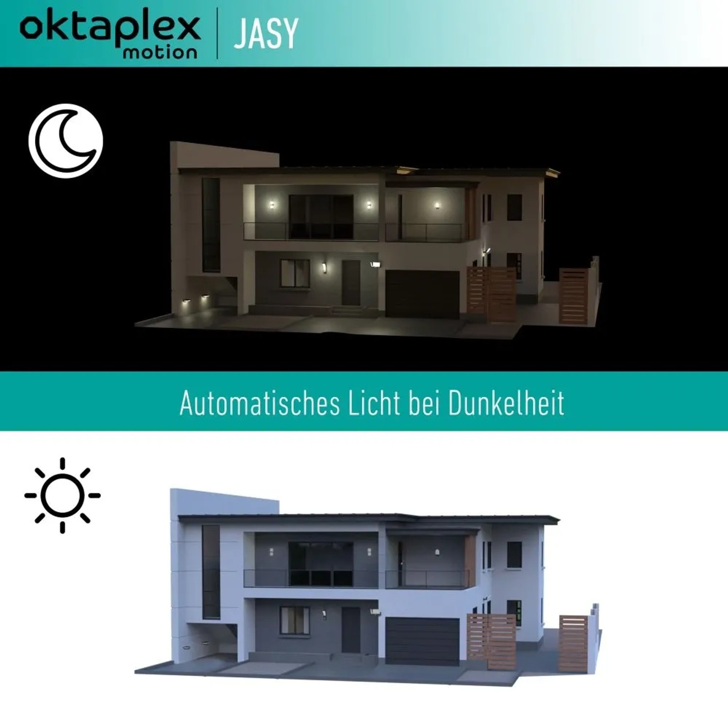 Oktaplex Jasy Dämmerungssensor: Haus mit automatischer Beleuchtung bei Tag und Nacht.