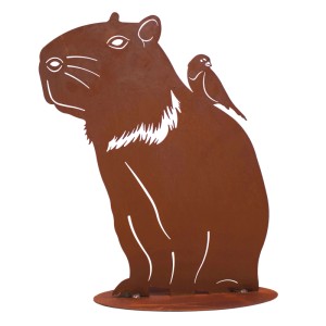 Rostbraune Capybara Deko-Figur aus Metall mit Vogel, 44x37cm, für die Gartendekoration.