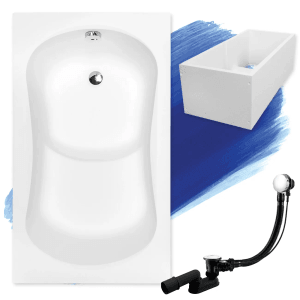 Weiße Rechteck-Badewanne ARIA REHAB 120x70 mit Wannenträger, automatischem Ablauf und Füßen.