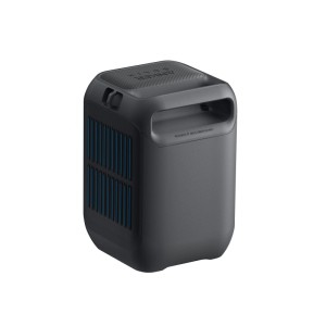 Dunkelgraue Anker SOLIX C300X Powerstation mit blauen Lüftungsschlitzen und integriertem Tragegriff.