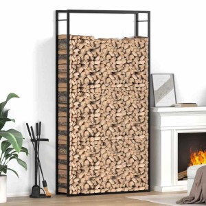 Schwarzes vidaXL Brennholzregal aus Stahl, 110x28x214 cm, gefüllt mit Holzscheiten.