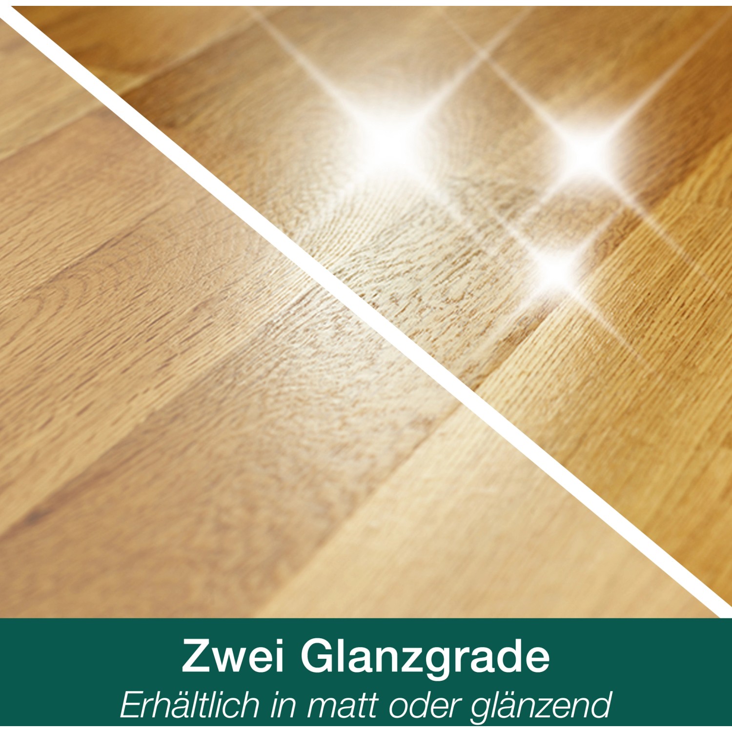 Holzboden, Hälfte matt, Hälfte glänzend, behandelt mit Bona Home Parkettlack.