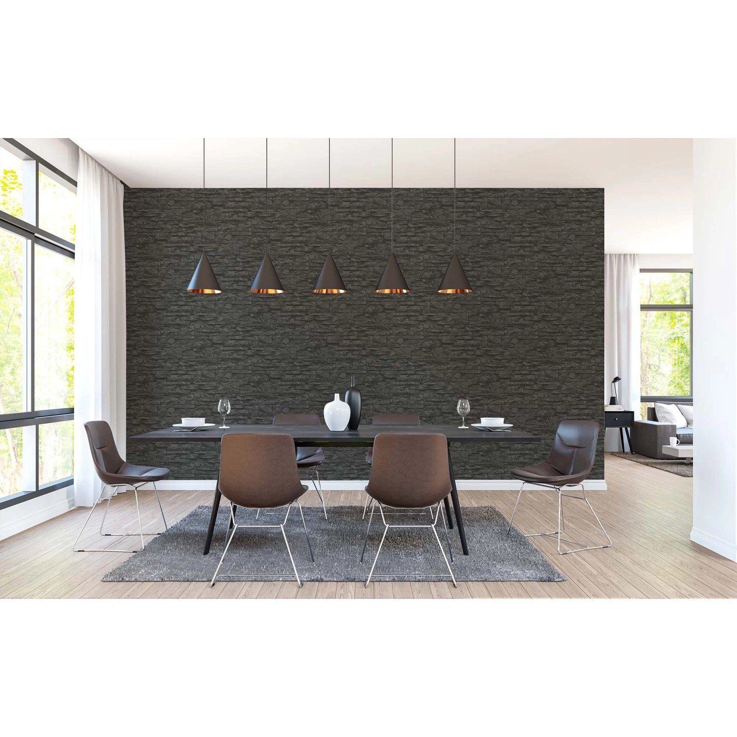 Grau-schwarze Vliestapete in Steinoptik "Vicco" von Tadessi im modernen Esszimmer.