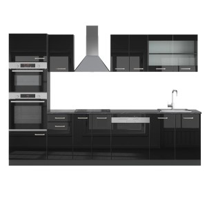 Moderne Vicco Küchenzeile in Schwarz Hochglanz/Anthrazit, 300 cm breit, mit Hochschrank. Komplett ausgestattete Einbauküche.