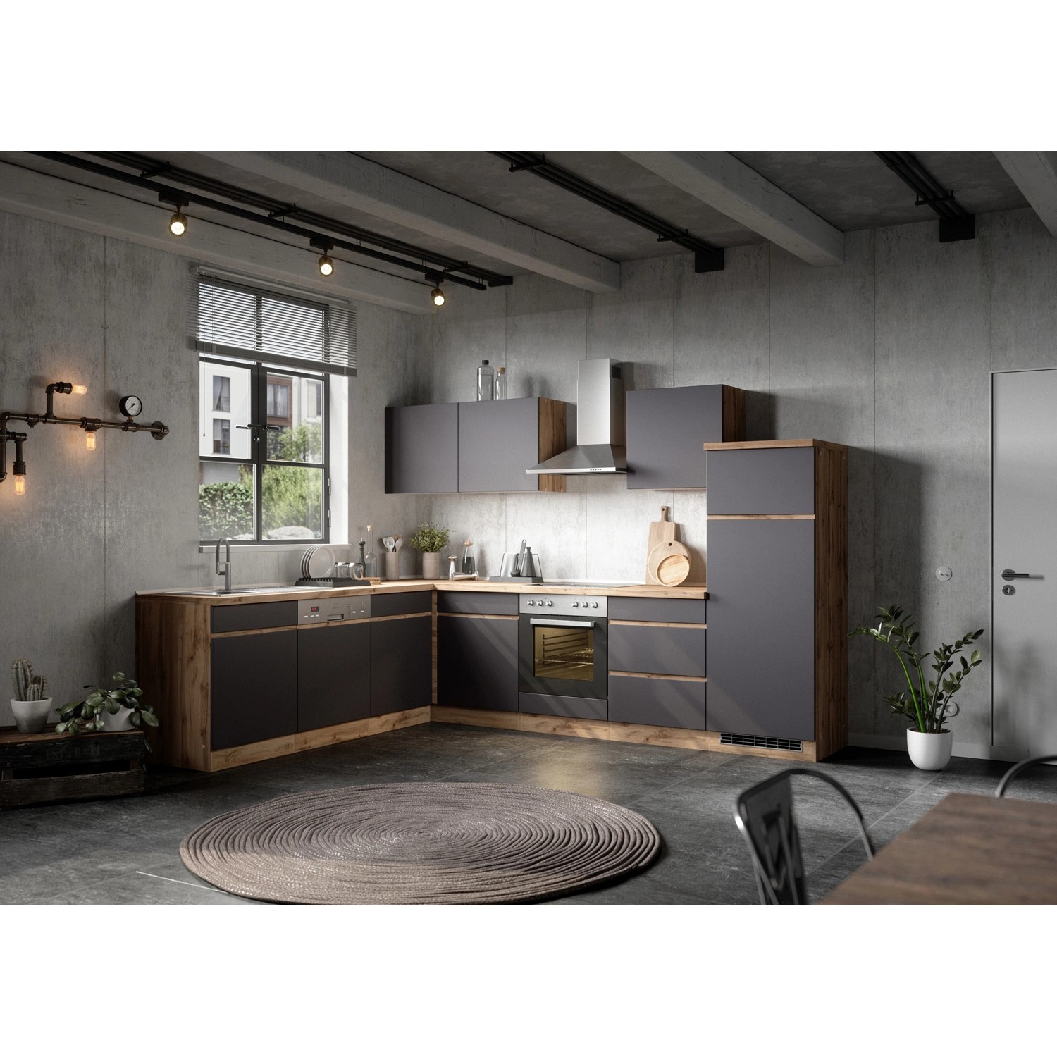 Held Möbel Winkelküche Turin 240 x 300 cm Graphit-Wotaneiche ohne E-Geräte