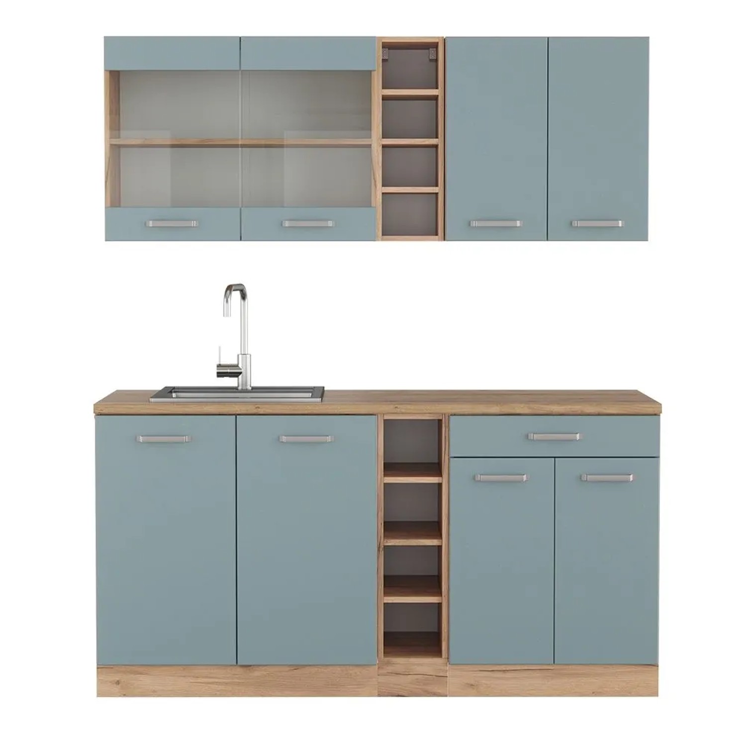 Vicco R-Line Singleküche Blau-Grau Goldkraft Eiche 160 cm AP Eiche ohne E-Geräte