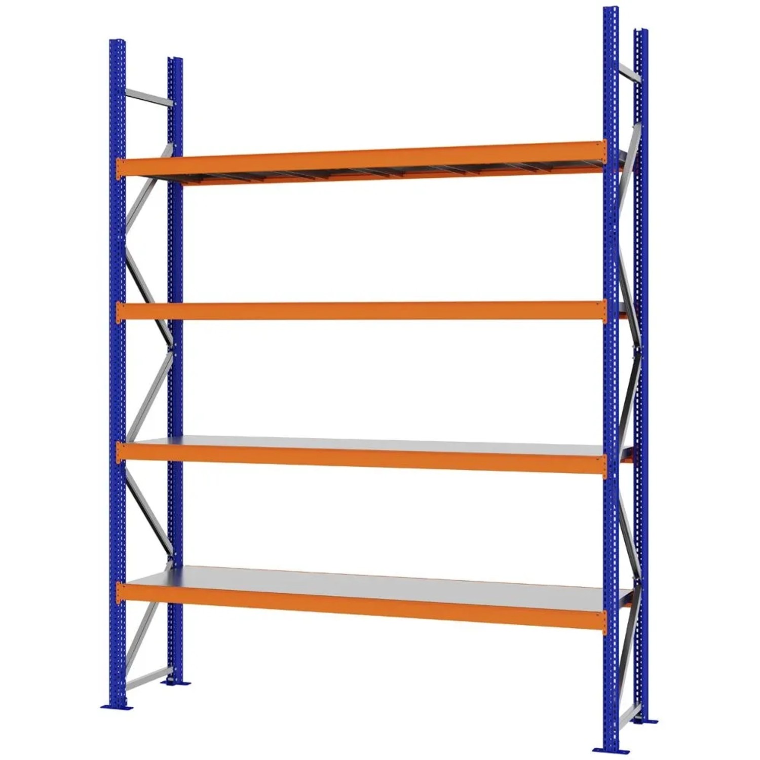 PROREGAL Weitspannregal Schraub-Stecksystem MAGNUS PRO Made In Germany Grundregal 300x225x50cm 4 Ebenen Stahlböden Fachlast 520kg Blau/Orange