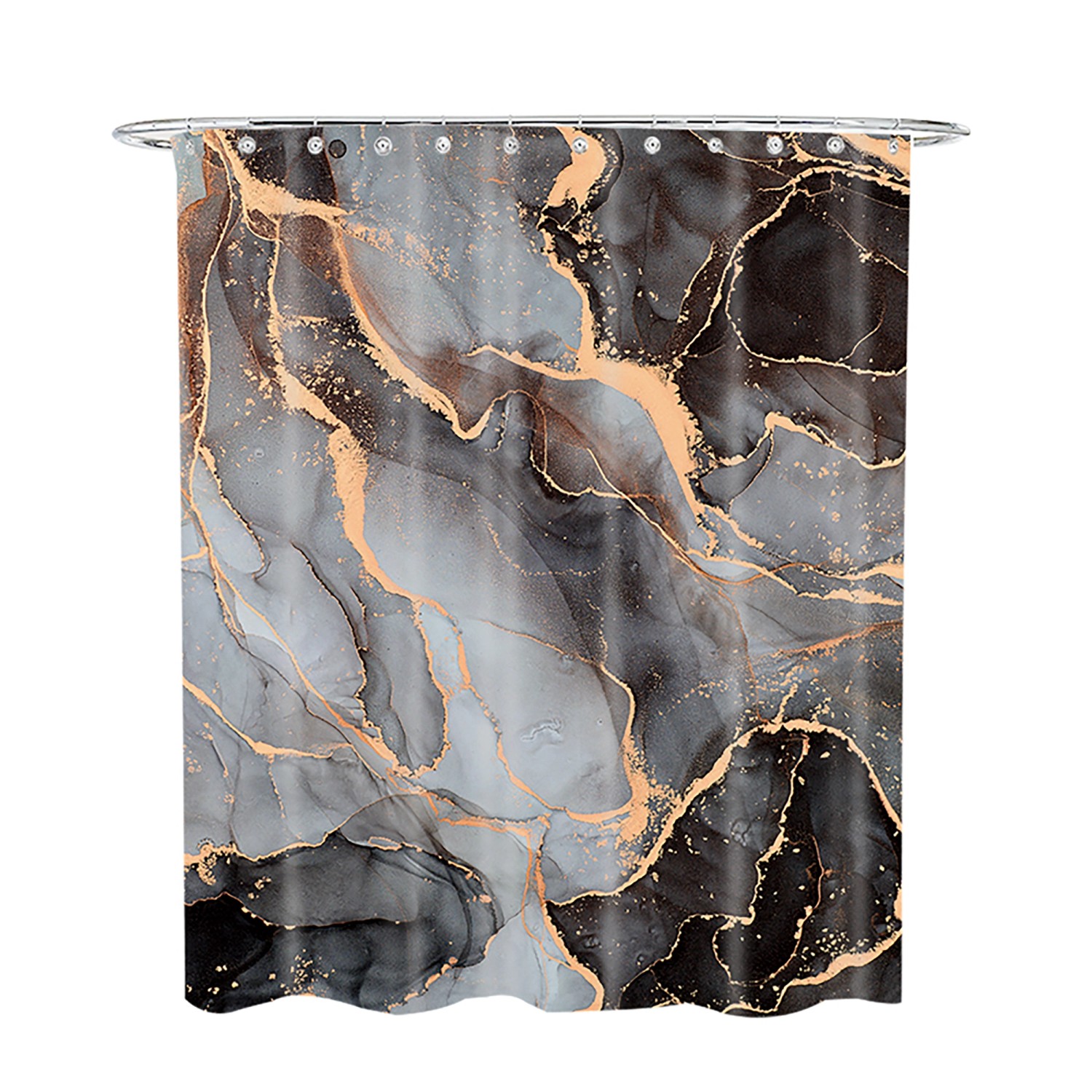 SANILO Duschvorhang mit abstraktem Marmor-Design in Grau, Schwarz und Gold, 180x200 cm.