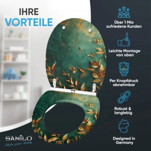 SANILO WC-Sitz Greego mit Absenkautomatik und grün-goldenem Blattmuster für komfortable WC-Momente.