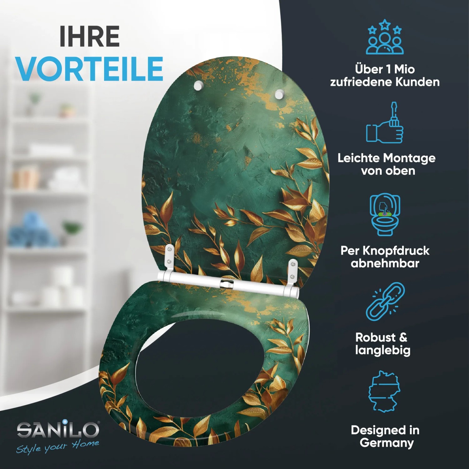 SANILO WC-Sitz Greego mit Absenkautomatik und grün-goldenem Blattmuster für komfortable WC-Momente.