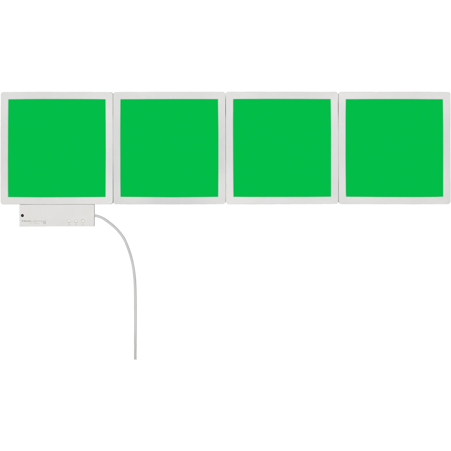 Wofi LED-Lichtkacheln Basis-Set, 4 weiße RGB-Panels mit Steuerung und grünem Licht.