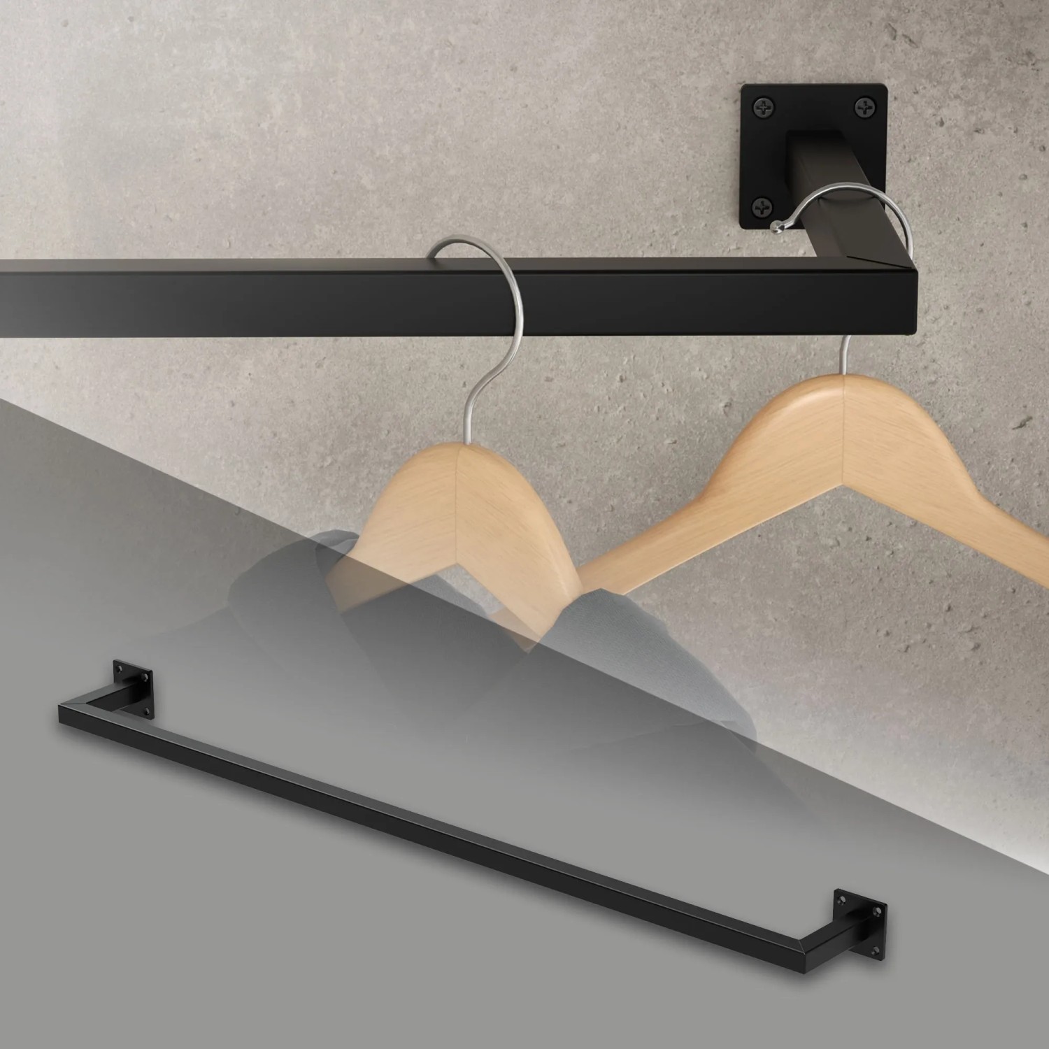 Schwarze ML-Design Kleiderstange aus Stahl, rechteckig, zur Wandmontage.