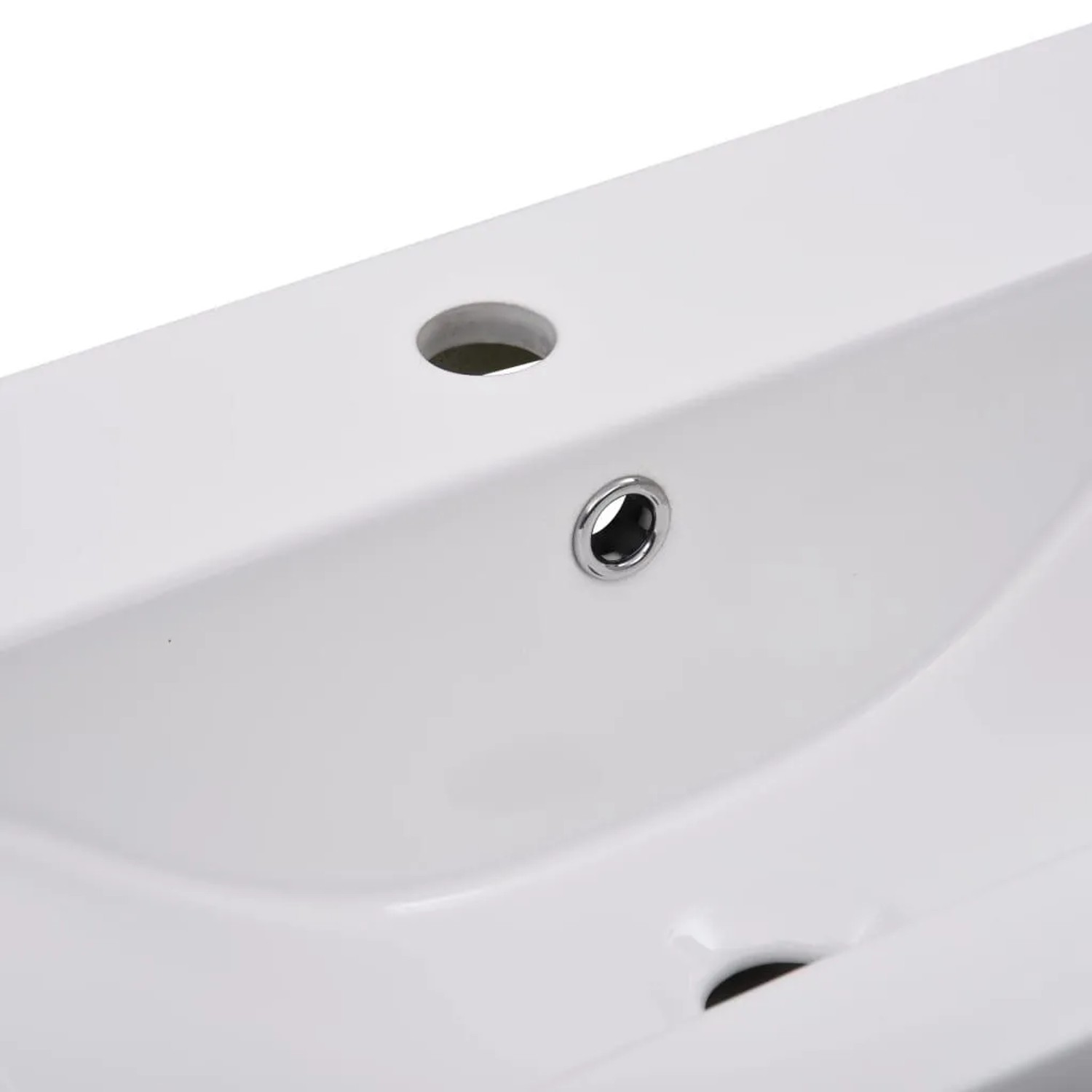 Weißes Keramik Einbauwaschbecken mit glänzender Oberfläche, Hahnloch, Überlauf und Abfluss. Modernes Design für Ihr Bad.